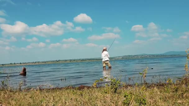 Girl Bass Fishing While Standing Beautiful Lake Sunny Day — Stock Video