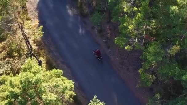 Bike Ride Aerial Joven Montando Bicicleta Sendero Forestal Paseo Bicicleta — Vídeo de stock