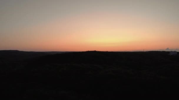 日落时分空中俯瞰森林 地平线上的美丽天空和下面的绿树成荫 城市里的自然景观 靠近住宅楼 — 图库视频影像