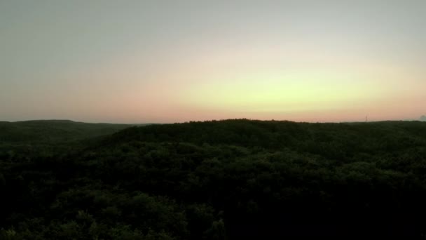 Filmagem Aérea Sobre Floresta Durante Pôr Sol Céu Bonito Horizonte — Vídeo de Stock
