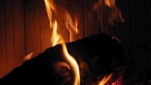 Brennende Flamme Kamin Auf Holzstämmen Mittlere Aufnahme Eines Einem Kamin — Stockvideo