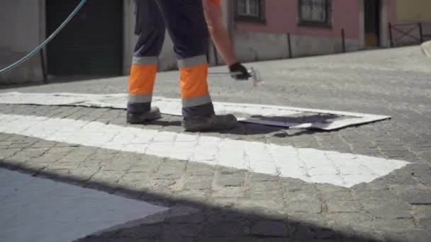 Hombre Pintando Cebras Pavimento — Vídeo de stock