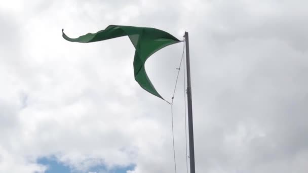 Slow Motion Trekantiga Gröna Flaggan Grön Flagga Viftar Auktorisera Bad — Stockvideo