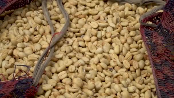 Raw Dried Green Coffee Beans String Bag Close Slider Shot — Stock Video