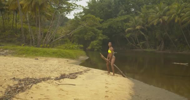 Młoda Modelka Twerkująca Ujeżdżająca Kłodę Nad Brzegiem Rzeki — Wideo stockowe