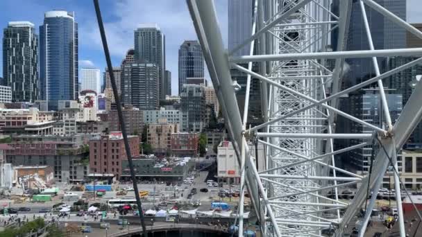 Utsikt Över Centrala Seattle Från Ett Pariserhjul Brygga Elliot Bay — Stockvideo