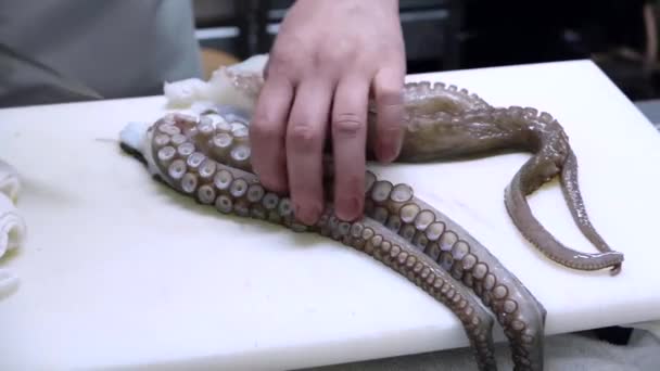 Octopus Slicing Wooden Board Raw Seafood — Stock Video