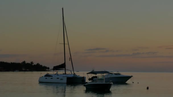 夜明け直前に停泊しているカタマランと他の2隻の船 — ストック動画