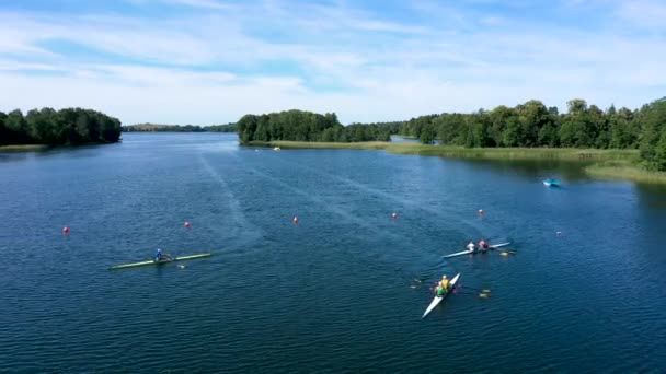 Aerial Onthulling Shot Kayaking Atletes Paddling Canoes Surface Lake — Stockvideo