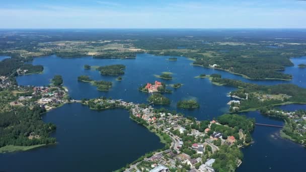 Aerial Flying Very High Altitude Trakai Town Trakai Island Castle — 图库视频影像