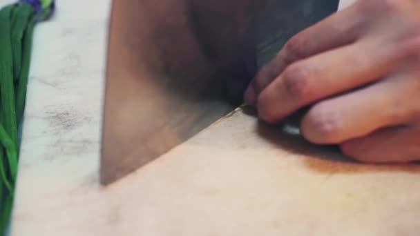 Chef Slices Garlic Chopping Board Close — Stock Video