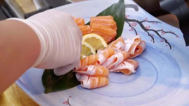 Dish Raw Salmon Fillet Japanese Cuisine — Stock Video