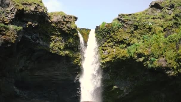 在冰岛一个美丽的瀑布前 一个人在弹吉他 Slowmo和索尼A7Iii和Ronin S的实时射击 — 图库视频影像