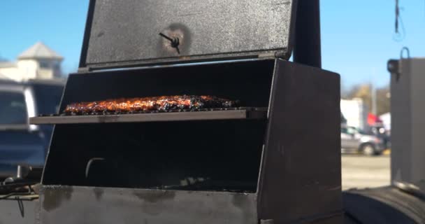 Bbq Rack Ribs Smoker Sizzling — Stock Video