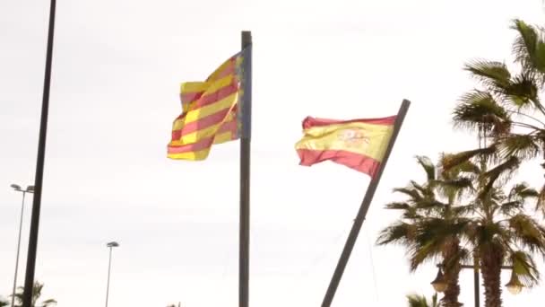 Hermosa Valencia España Con Bandera España Palmeras Que Fluyen Viento — Vídeo de stock