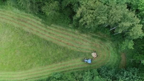 Ağaçlarla Çevrili Dar Bir Köşede Traktörün Üst Tarafındaki Çim Biçme — Stok video