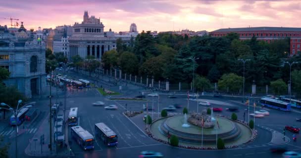 Zeitraffer Bei Sonnenuntergang Vom Madrider Rathaus Vordergrund Der Cibeles Platz — Stockvideo