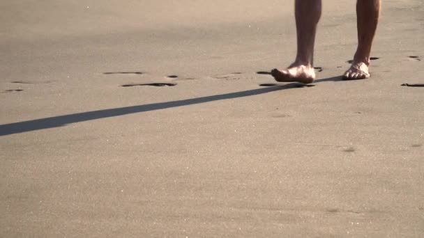 Primer Plano Los Pies Masculinos Caminando Playa — Vídeo de stock