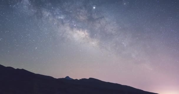 Milky Way Rising Tenerife Mountains Road Leading Milky Way Foreground — Stock Video