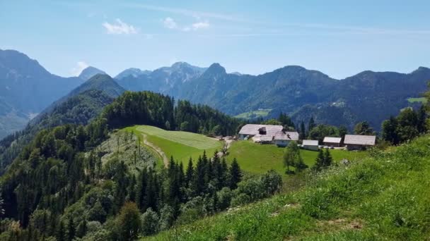 高山风景 斯洛文尼亚的阿尔卑斯山 有农场和盛开的草地 Solcava全景公路 — 图库视频影像