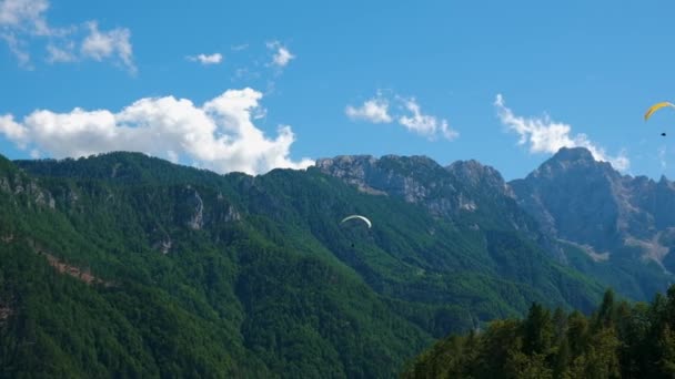 在山上飞行 在阿尔卑斯山景观滑翔伞 自由和冒险概念 肾上腺素运动 洛加尔山谷在斯洛文尼亚 — 图库视频影像