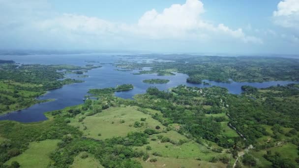 Vista Aérea Filds Verdes Árvores Lago Gatun Dia Ensolarado — Vídeo de Stock