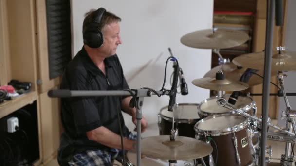 Drummer Playing Drums Kit Music Studio Side View — Stock Video