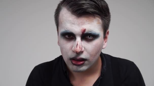 Man Face Paint Looking Camera Showing Tongue Portrait Closeup — Stock Video