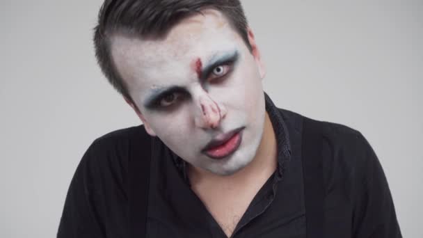 Male Spooky Face Paint Looking Closeup Portrait — Stock Video