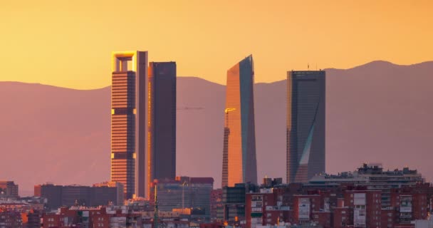 Timelapse Madrid Skyline Quatre Tours Business Area Coucher Soleil Belles — Video