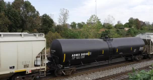 Trein Rolt Voorbij Een Achterterrein Met Bomen — Stockvideo