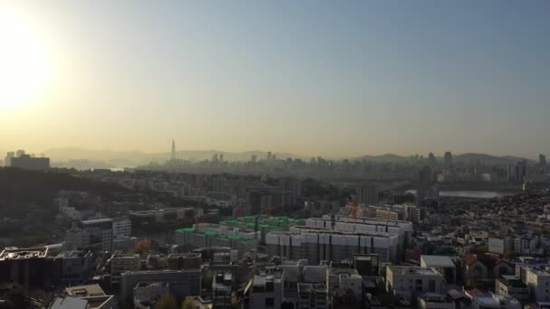 Vliegen Stad Seoul Korea Vroeg Ochtend Met Zonsopgang Han Rivier — Stockvideo