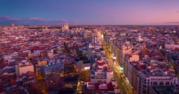 Madrid Timelapse Tramonto Panorama Sul Tetto Veduta Aerea Della Gran — Video Stock