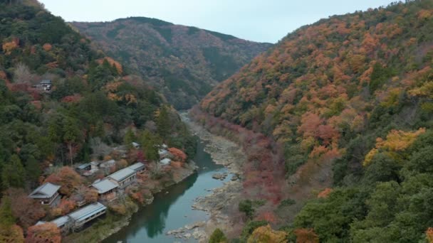 Breathtaking Japan Autumn Scene Arashiyama Kyoto Berwarna Gunung Dengan Sungai — Stok Video
