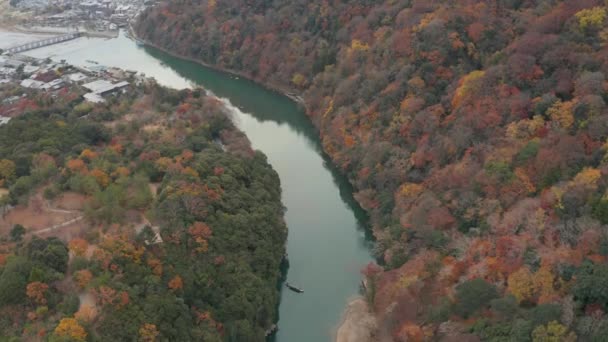 日本京都秋色的嘉素拉河蜿蜒流经阿拉山和鸟草桥4K — 图库视频影像