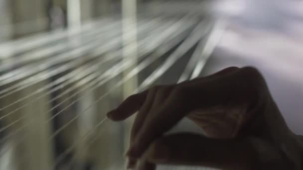 Closeup Workers Hands Warping Denim Thread — Stock video