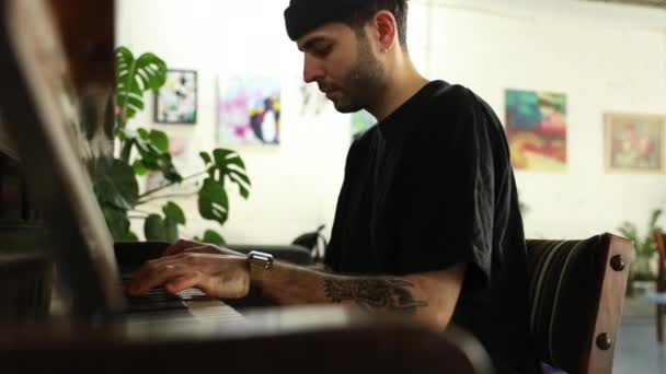 Slow Motion Young Man Sitting Front Old Wooden Piano Playing — Stock Video