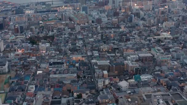 Kobe Aerial Revelar Inclinación Luces Ciudad Que Viene Después Puesta — Vídeos de Stock