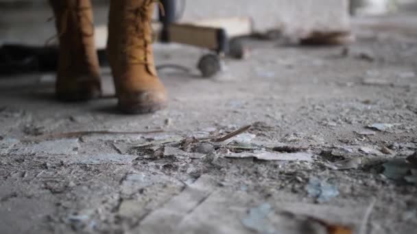 Close Shot Woman Pair Semede Brown Boots Kick Pile Dust — Stock video