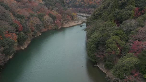 Barco Que Viaja Por Río Katsura Distancia Kyoto Japón — Vídeo de stock