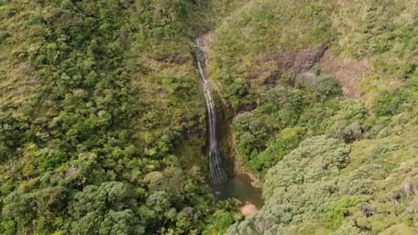 Luchtfoto Van Prachtige Verborgen Hoge Waterval Kitekite Falls Met Lagune — Stockvideo