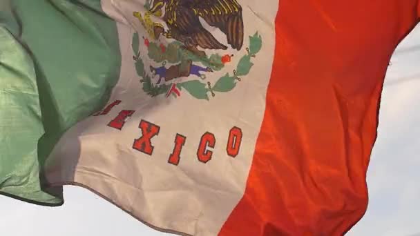 Meksika Bayrağı Gün Işığında Dalgalanıyor Yavaş Çekimde Gökyüzünde Uçuşuyor Güneş — Stok video