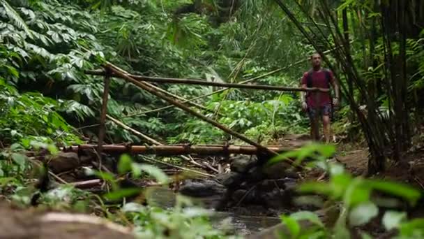 Jovem Shirt Shorts Caminha Sobre Uma Pequena Ponte Bambu Sobre — Vídeo de Stock