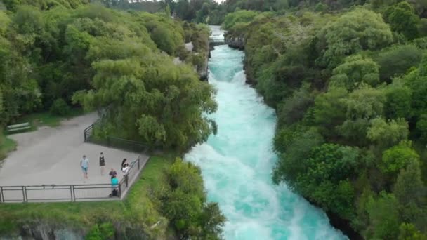 Aerial Drone Flying Backwards Raging Huka Falls New Zealand — Stock Video