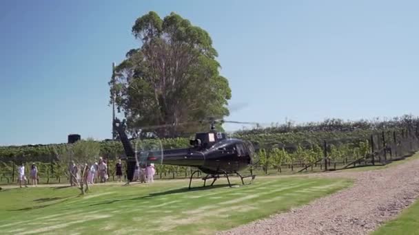 Пассажиры Ожидающие Посадки Частный Черный Вертолет Винодельне Острове Вайхеке Новая — стоковое видео