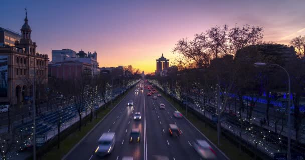 Vista Aérea Del Paseo Castellana Madrid Día Noche Lapso Tiempo — Vídeo de stock