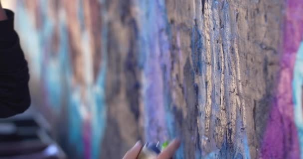 喷漆手 一位涂鸦画家用砖墙上的油漆在大画布上描绘了她的作品细节 — 图库视频影像
