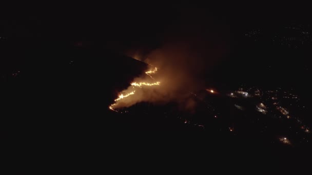 Bosque Fuego Fondo Retroceso Aéreo Escena Nocturna Oscura — Vídeo de stock