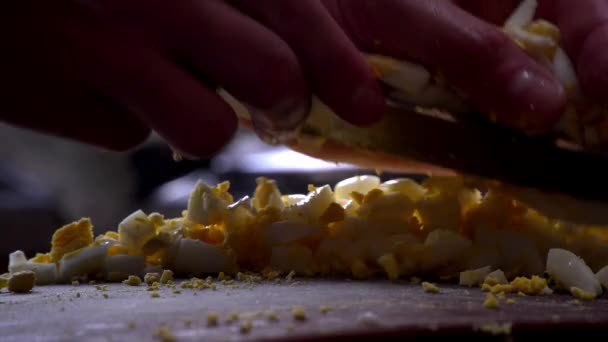 Close Shot Chopped Boiled Egg Steaming Being Scraped Hand Knife — Stock Video