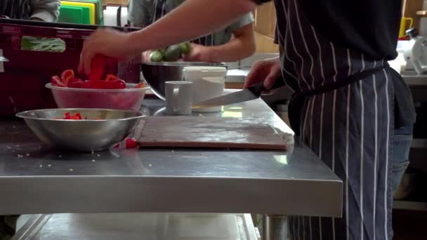 Seorang Koki Menyiapkan Paprika Atas Meja Dapur Metalik Yang Sibuk — Stok Video